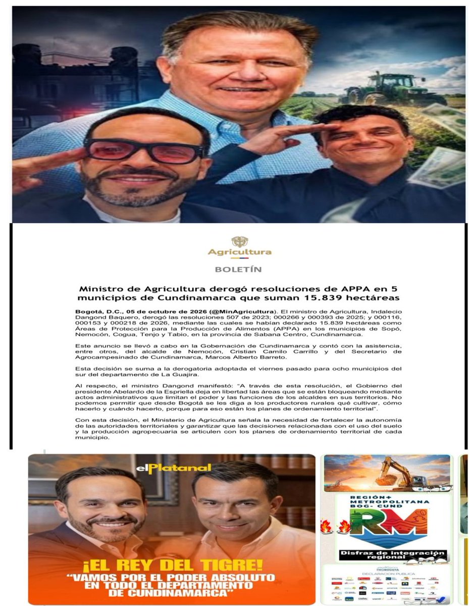RuraliaUrbana's tweet photo. ...Autoritarismo ministerial y el cinismo del "ordenamiento territorial" !!
La coartada esgrimida por el titular de la cartera agropecuaria resulta cínica y ofensiva para el campesinado colombiano. Según el ministro Dangond @MinAgricultura, el Gobierno de su partner @ABDELAESPRIELLA no puede permitir que "desde Bogotá se les diga a los productores rurales qué cultivar, cómo hacerlo y cuándo hacerlo, porque para eso están los planes de ordenamiento territorial". Qué Hipocresía Politiquera más ruin esa narrativa despotricadora para hacer serviles guiños corporativos. 

De qué autonomía territorial habla el alto funcionario cuando la realidad de los Planes de Ordenamiento Territorial (POT) municipales en Colombia ha sido históricamente cooptada por los intereses de las famosas constructoras, los concejos municipales clientelistas y los grandes capitales inmobiliarios como de infraestructura como de minería ?? 

Dejar el uso del suelo exclusivamente en manos de dinámicas locales sin un blindaje ambiental nacional es entregar el oro de la soberanía alimentaria a los especuladores de tierras.

La escena ocurrida en la Gobernación de Cundinamarca @CundiGob - donde se anunció la medida con la complacencia de autoridades locales y secretarios de despacho -evidencia una desconexión total con el sufrimiento del campo. Mientras en los discursos de posesión de la "Patria Milagro" se prometía un campo próspero, en la práctica se le arrebata al campesino su garantía más sagrada: la tierra apta para producir el alimento de todos, subordinándola a la rentabilidad del ladrillo y del asfalto.   
https://t.co/dpsuFOTZTu

La tétrica vulneración... Cemento, minería y data centers sobre la despensa !!
La crónica de esta amenaza anunciada destapa un panorama tétrico para el campesinado de Sabana Centro y Occidente en Cundinamarca. Desproteger estas 15.839 hectáreas destapa la olla podrida de presiones económicas inmensas:   

*Urbanismo exarcebado y perimetrales: La presión de los suburbios de lujo y los macroproyectos de vivienda campestre que ahogan los municipios sabaneros encuentra ahora vía libre jurídica. El suelo agrícola de clase I y II, insustituible para la seguridad alimentaria, será pavimentado de manera inexorable, igual que los otros tipos de suelos agrológicos seguirán siendo presionados.

*Minería sobreexplotadora (legal e ilegal): 
La remoción de estas figuras de protección deja expuestos los suelos a la voracidad de las gravilleras, la extracción de materiales de construcción y la minería que destruye los acuíferos de la sabana, vitales para el riego de los cultivos locales.

*La fiebre de los Data Centers: 
La sabana de Bogotá se ha convertido en "el nirvana" tecnológico para la instalación de centros de procesamiento de datos de multinacionales, infraestructuras que demandan hectáreas enteras de terreno plano, además de volúmenes colosales de energía y agua, desplazando la vocación agraria tradicional.

Conclusión... Un crimen de Estado contra el futuro rural !!
La decisión del Ministerio de Agricultura de tumbar las APPA en Sopó, Nemocón, Cogua, Tenjo y Tabio Cundinamarca no es un simple tecnicismo administrativo; es una declaración de guerra contra el campesinado colombiano. Al amparo de un falso discurso de libertad económica y autonomía local, este gobierno subordina el derecho fundamental a la alimentación de millones de colombianos a la voracidad del capital inmobiliario, de infraestructura, minero y tecnológico.   

Desproteger la tierra que produce el pan es condenar a la nación al hambre y a la dependencia. La historia juzgará con severidad este autoritarismo de escritorio que, bajo consignas de milagros patrióticos, no hace más que entregar el territorio nacional al mejor postor, dejando al campesinado huérfano de derechos, a pesar de ser sujeto de protección constitucional, y arrinconado en los márgenes de su propia tierra. Las APPA no se tocan, y la soberanía alimentaria no es negociable !! 🧐🔎
@RELE_CIDH 
@dw_espanol