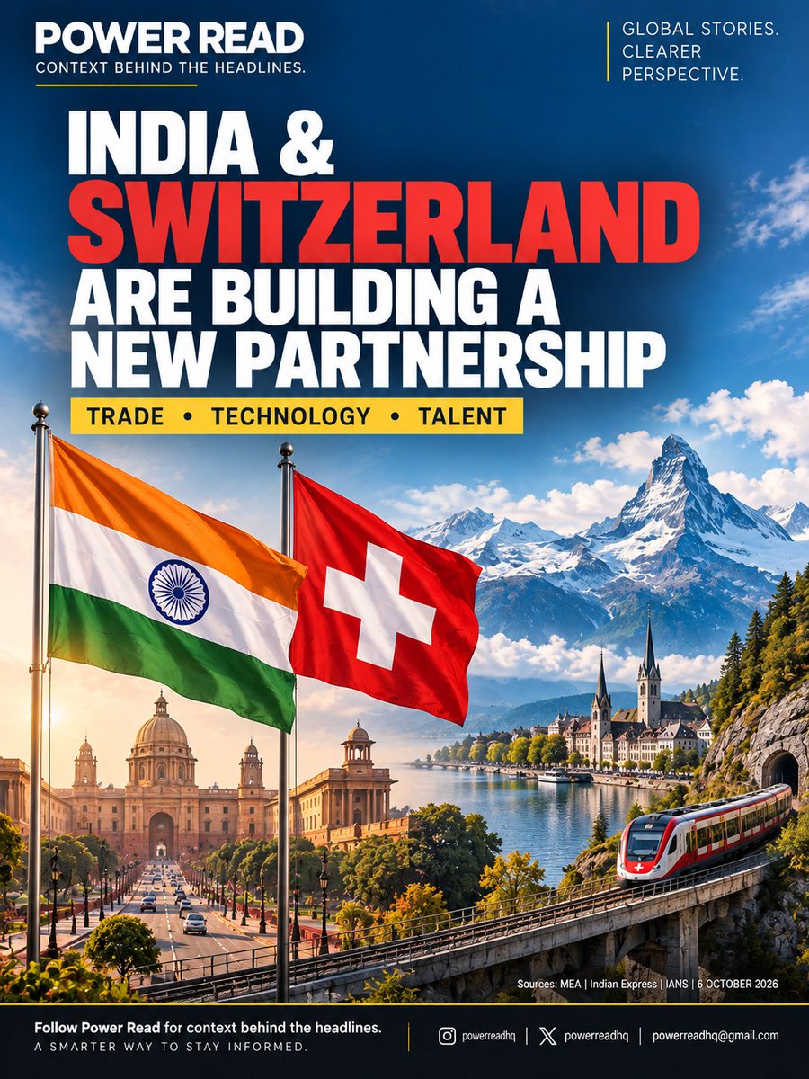 Powerreadhq's tweet photo. ⚡ POWER READ

🇮🇳🇨🇭 INDIA & SWITZERLAND ARE DEEPENING THE PARTNERSHIP

India and Switzerland are expanding cooperation across trade, investment, mobility, infrastructure, technology, defence and nuclear energy.

PM Narendra Modi and Swiss President Guy Parmelin held talks in New Delhi on October 5.

📌 CONTEXT

The two sides agreed on cooperation covering:

→ Migration & mobility
→ Young professionals
→ Transport & infrastructure
→ Research & technology
→ Technology transfer

They also agreed to deepen cooperation in defence and nuclear energy.

🇮🇳 WHY IT MATTERS FOR INDIA

The partnership could create more opportunities for Indian professionals, researchers and exporters while encouraging greater Swiss investment in India.

The talks also come as the India–EFTA Trade and Economic Partnership Agreement (TEPA) completes its first year.

🌍 THE BIGGER PICTURE

India and EFTA have set an ambition of $100 billion in investment in India and 1 million direct jobs over 15 years.

🔎 WHAT TO WATCH

The real test now is implementation — investment, projects, market access and mobility.

Sources: Government of India | Swiss Government | Business Standard