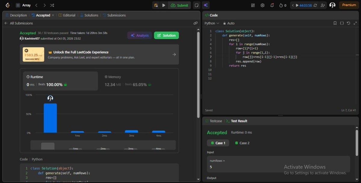 Kavinkumar45891's tweet photo. LEET:188-->Pascal's Triangle
Time : O(n2) 
Space : O(n2) 
What's New🧩: Dynamic programming
#CSEStudent #LearningToCode #Java #Python #WebDevelopment #DSA #LeetCode #CodingJourney #TechTwitter #BuildInPublic https://t.co/nU7fGC0Ga1