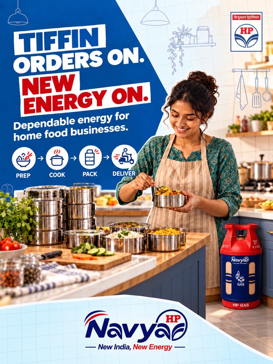 PuneLPGSA's tweet photo. Tiffin orders on. New Energy on. 🍱

Your recipes bring the comfort. HP Navya brings convenient LPG to your home food business.

Prep. Cook. Pack. Deliver.
Serve big dreams, one tiffin at a time.

#HPNavya #NewIndiaNewEnergy #HomeChefs @HPCL @HPGAS_HQO https://t.co/BhVLOfTxrO