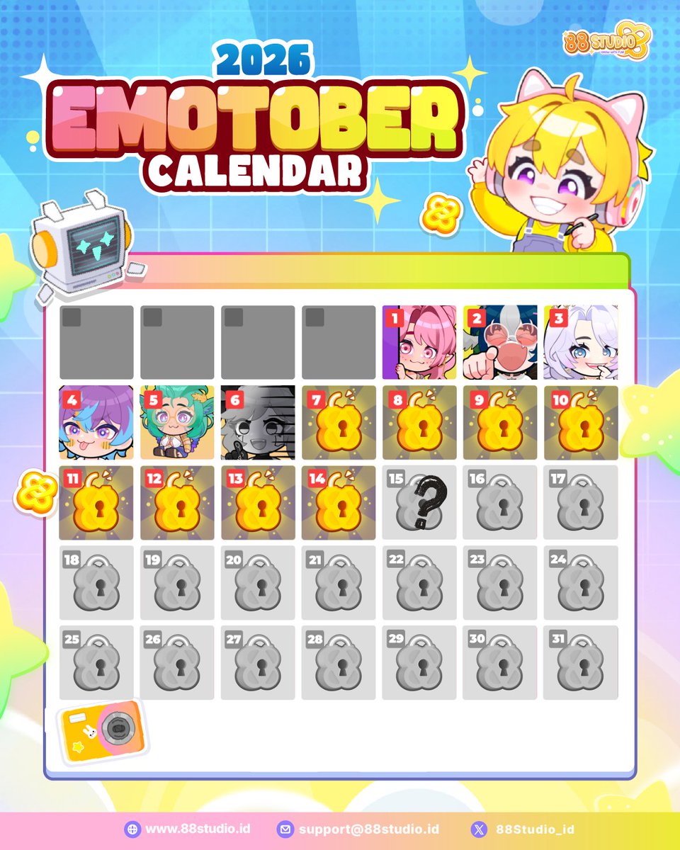 88Studio_ID's tweet photo. EMOTOBER DAY-15 STARTS!
────۶ৎ────
🍀 Winner Day-6 is Laviah who requested a custom despair emote ☝🏼👁️👄👁️
────۶ৎ────
We’re already halfway through the winners hunt! Are you guys still hyping our art raffle? :>

🗒️ How to Join:
1. Follow us & like :3
2. Give a shot to this post with Retweet 💕
3. Reply with your OC ref below (feel free to QRT from your latest join, so you don't need to manually upload the ref character sheet again)

🎁 Reward for Winner Day-15:
1x custom static/regular emote 
(Any pose or expression you want!)

────۶ৎ────

We're challenging ourselves to do giveaways every single day for the whole month of October! We’re combining Inktober + Advent Calendar vibes for this little event, and we name it EMOTOBER! (⁠◕⁠ᴗ⁠◕⁠✿⁠) ✨

Good luck, everyoneee! ✨ (⁠ ⁠ꈍ⁠ᴗ⁠ꈍ⁠) 🍀