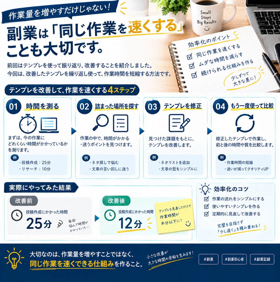sideincome_sys's tweet photo. 副業は「作業量を増やす」より「同じ作業を速くする」ことも大切。

実際にテンプレを見直したら、投稿作成にかかる時間を短縮できました。

①時間を測る
②詰まった場所を探す
③テンプレを修正
④もう一度使って比較
こうやって少しずつ効率化しています。
#副業 #副業初心者 #副業記録 https://t.co/v8CX4vIeQp