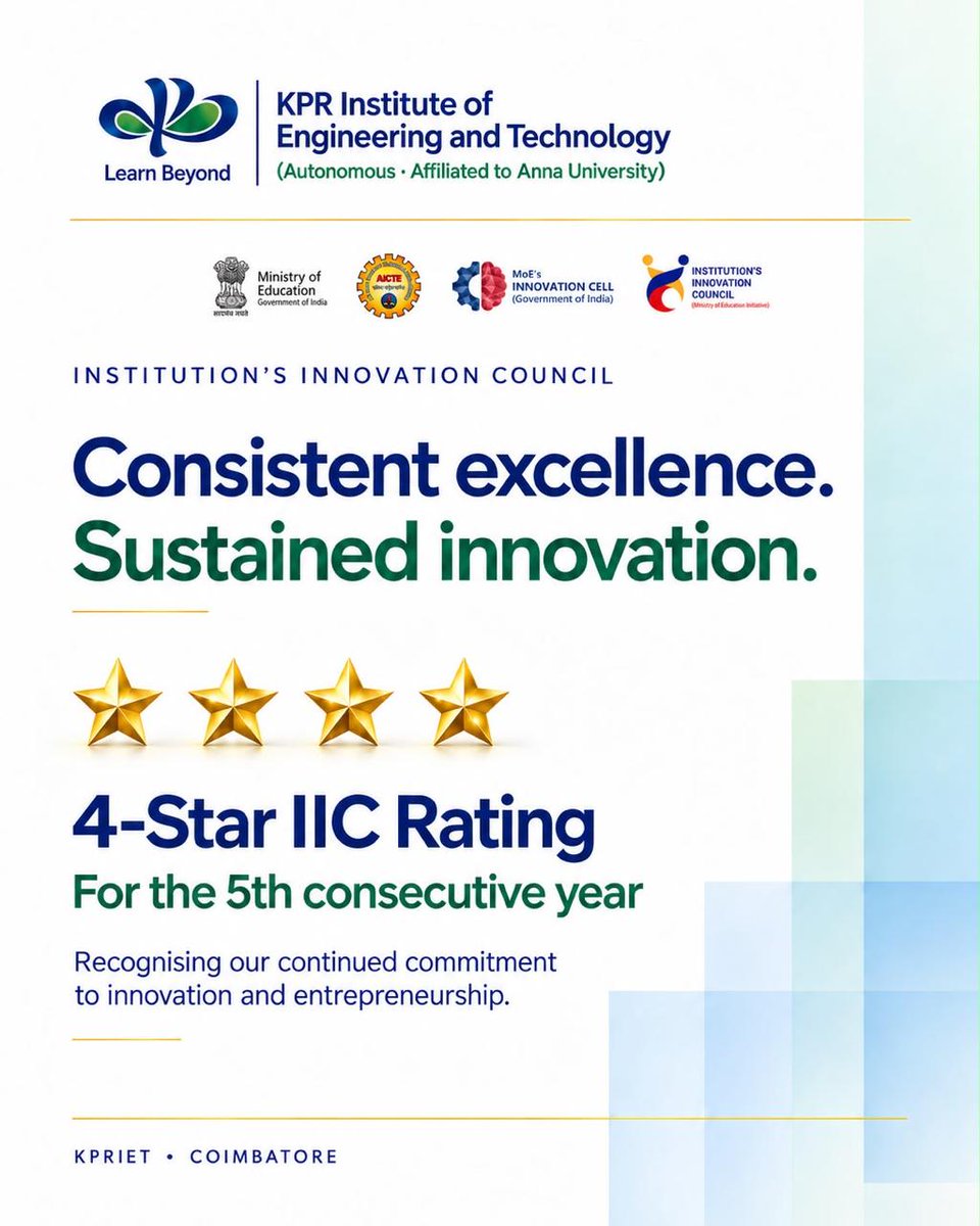KPRIETonline's tweet photo. KPRIET earns the 4-Star IIC Rating for the 5th consecutive year โ a proud recognition of our consistent commitment to innovation, entrepreneurship, and impactful ideas.
Excellence sustained. Innovation amplified.
#KPRIET #IICRating #4StarRating #Innovation #Entrepreneurship https://t.co/n2AF2TwKFb
