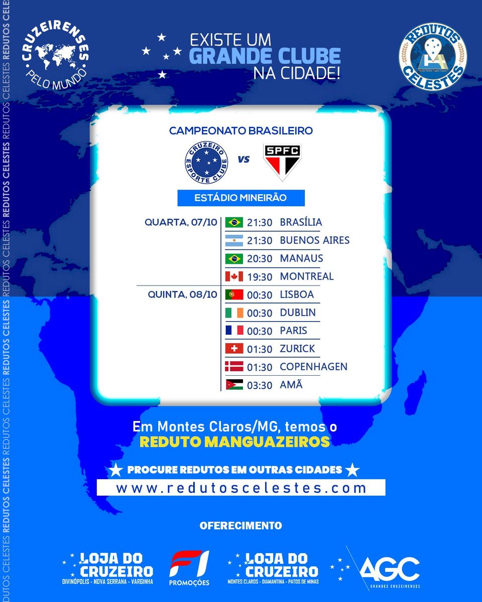 RedutosCelestes's tweet photo. Na vigésima nona rodada o @Cruzeiro recebe o São Paulo no Mineirão pelo campeonato brasileiro.

Estaremos apoiando o Cruzeiro em diversas cidades pelo mundo, procure o Reduto mais próximo de você.

#Cruzeiro #RedutosCelestes #CampeonatoBrasileiro2026 #FechadoComOCruzeiro https://t.co/gullJ45pZO