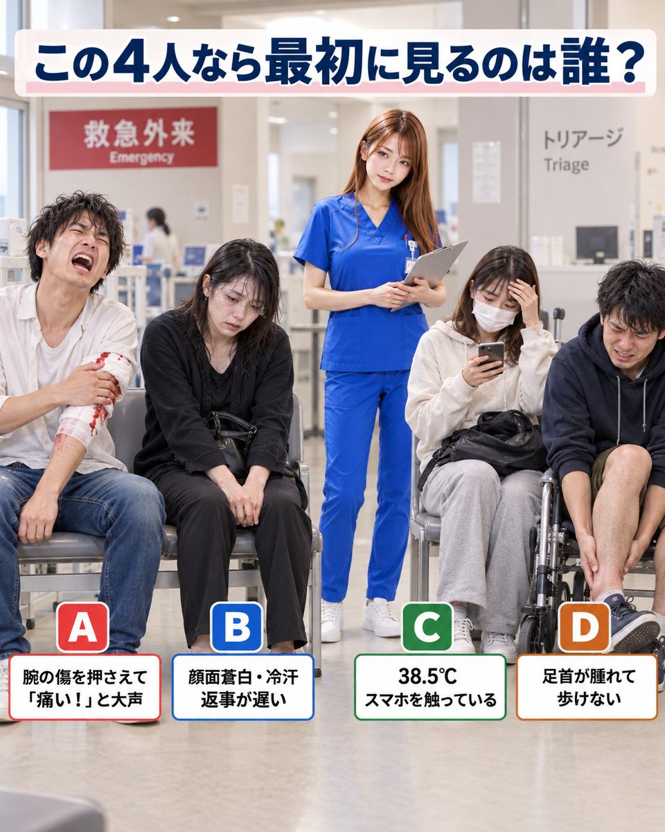 874maji874's tweet photo. 医療従事者です。

救急外来に同時に4人来ました。
A：腕の傷を押さえて「痛い！」と大声
B：顔面蒼白、冷汗。質問への返事が遅い
C：38.5℃あるけどスマホを触っている
D：足首が腫れて歩けない

この4人なら、最初に見に行くのは誰だと思いますか。
医療者が見ているのは、「一番つらそうに訴えている人」とは限りません。