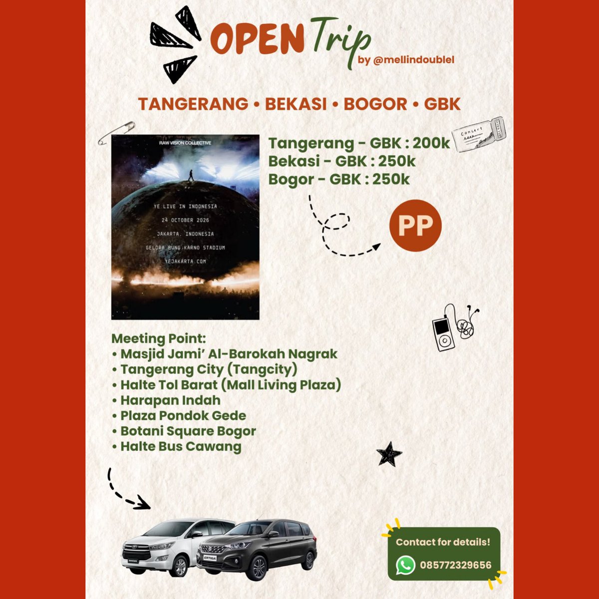 mellindoublel's tweet photo. Temen temen yang masih butuh trip buat konser aku open ya untuk rute tangerang, bekasi, bogor. Untuk detailsnya bisa dm, makasih🤗 https://t.co/7nOZ1RxhSv