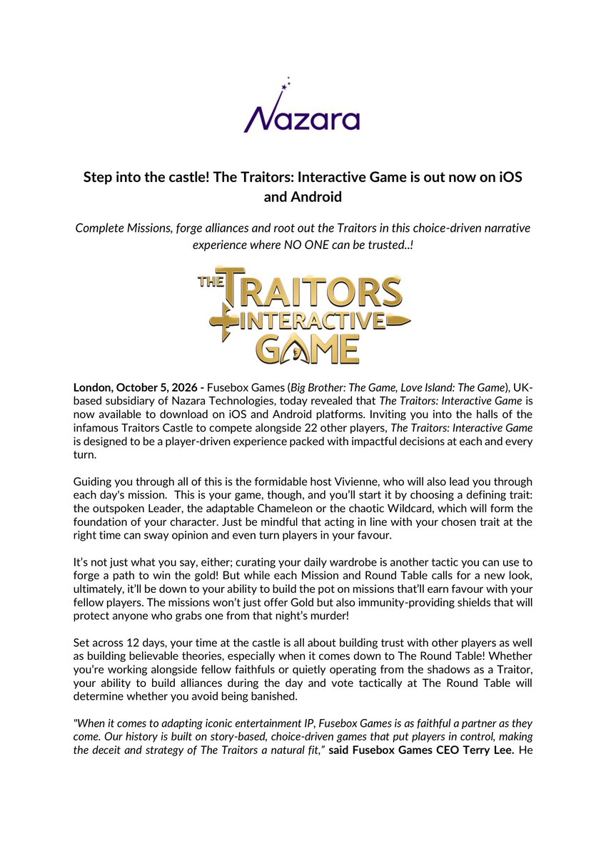 pkgupta001's tweet photo. 🎮 #NazaraTech | The Traitors Enters Mobile Gaming
Nazara Technologies’ subsidiary Fusebox Games has launched The Traitors: Interactive Game on iOS & Android.

🔹 Choice-driven interactive game based on the global entertainment IP
🔹 Players compete with 22 other players across missions, alliances & Round Table decisions
🔹 Available across 40+ territories
🔹 Adds another global IP to Nazara’s expanding gaming portfolio
🔹 Fusebox specialises in interactive storytelling and choice-driven games

📌 Why it matters: Nazara continues to build its global gaming platform through IP-led content, international publishing and mobile gaming.

📌 Disc: No Reco only info. DYOR.
Whatsapp Community: https://t.co/81w1geA4JI