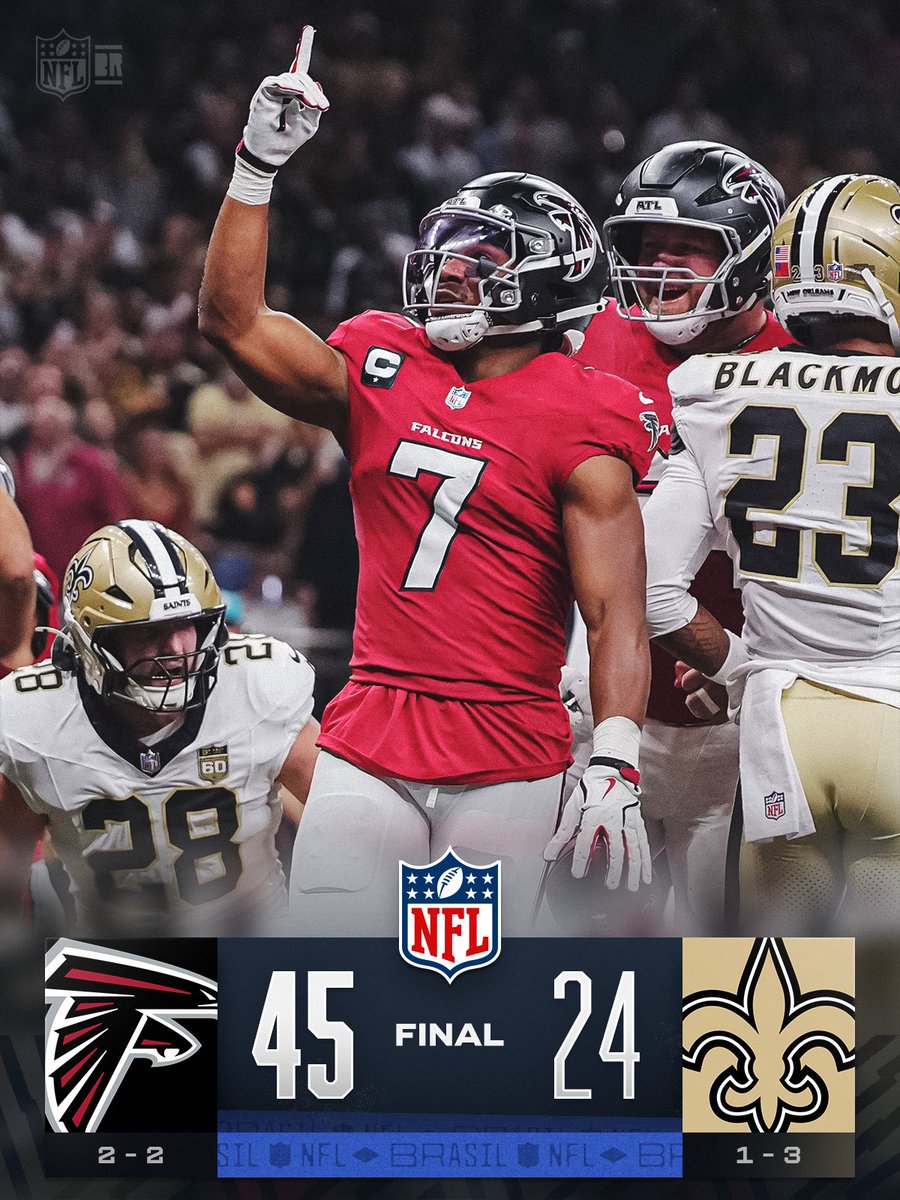 NFLBrasil's tweet photo. QUE VITÓRIA DOS FALCONS! 🤯

A equipe de Atlanta DOMINA os Saints fora de casa e sai vitorioso nessa noite! ✅ https://t.co/3Lzwq3cUBq