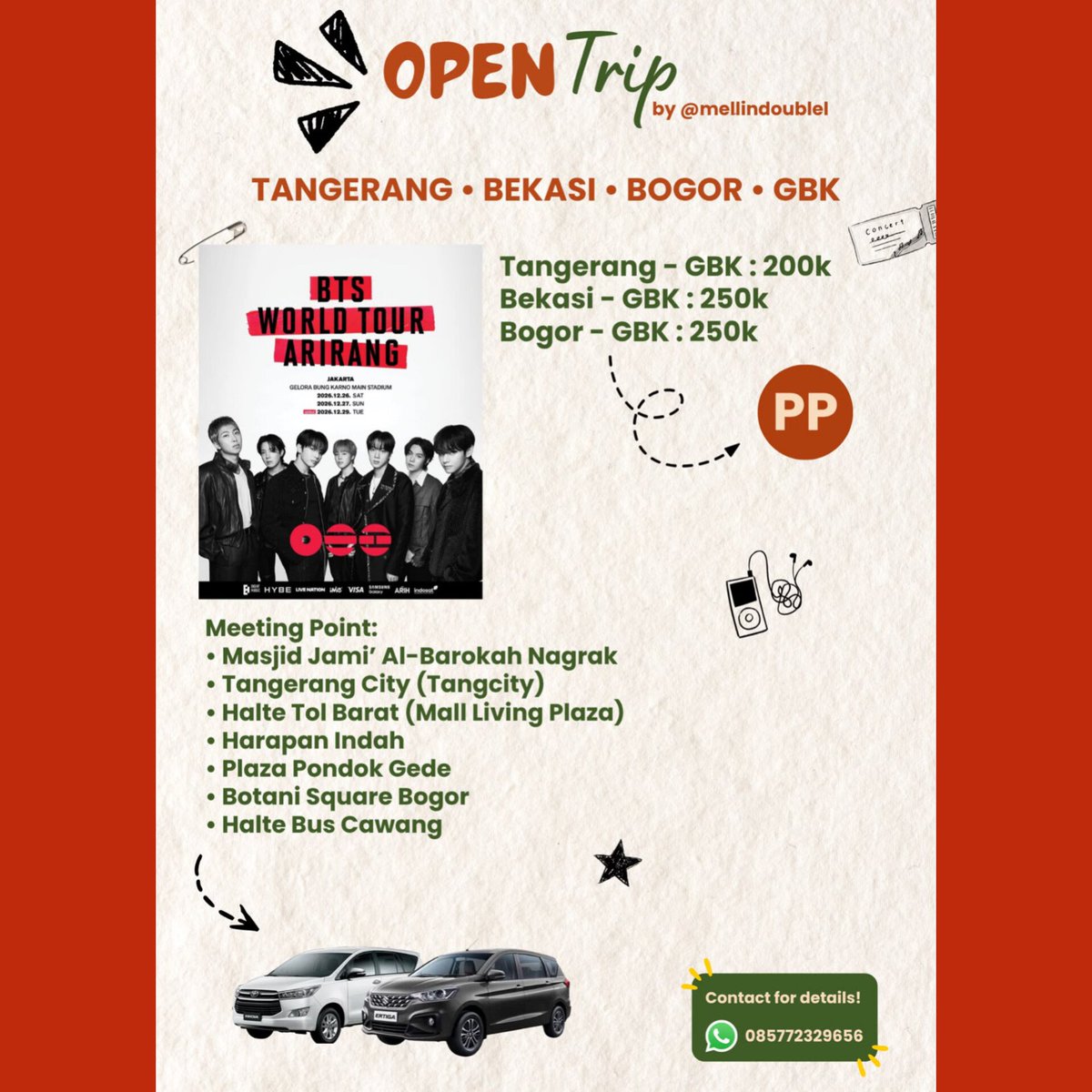 mellindoublel's tweet photo. Temen temen yang masih butuh trip buat konser aku open ya untuk rute tangerang, bekasi, bogor. Untuk detailsnya bisa dm, makasih🤗 https://t.co/7nOZ1RxhSv