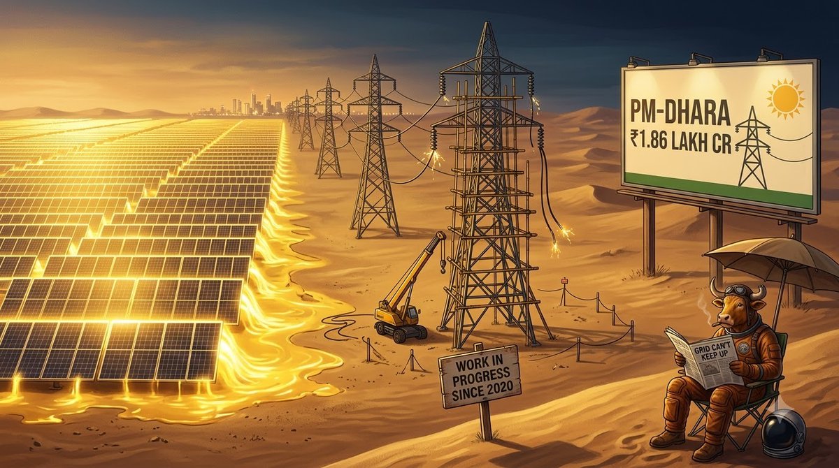prudent_equity's tweet photo. The Cabinet approved PM-DHARA. It's a Rs 1.86L cr scheme to build more power lines within states and add 50 GWh of battery storage. The aim is for up to 135 GW of renewable power to reach the grid by FY33.

A thread on what it will take, what it costs, and how similar schemes have gone before 🧵