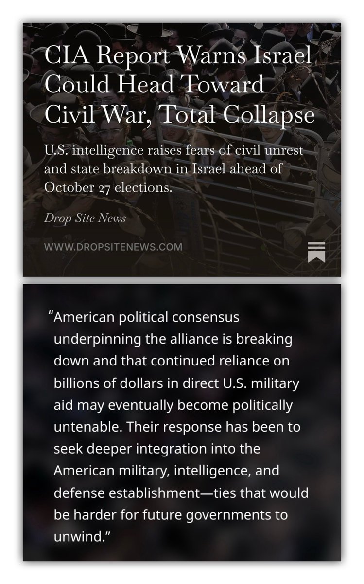 GenXGirl1994's tweet photo. MUST READ:  CIA report warns Israel is headed toward civil war and total collapse.

The report says Israel is seeking deeper integration into the American military, intelligence and defense establishment (like a leech) to save itself at US permanent expense. https://t.co/0VSDoGOQhq