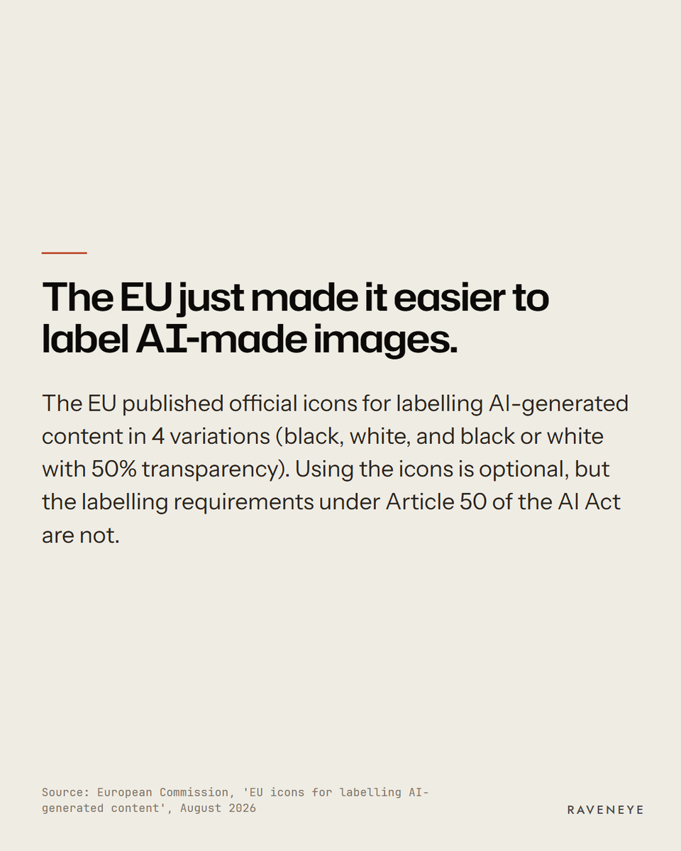 Raveneyeglobal's tweet photo. The EU just made it easier to label AI-made images. They've released official icons for anyone with customers in Europe.

Using the icon is optional. Telling people it's AI is not.

It's a helpful, ready-made way to be clear with your customers.

#aiGeneratedImages https://t.co/ckkrfionCr