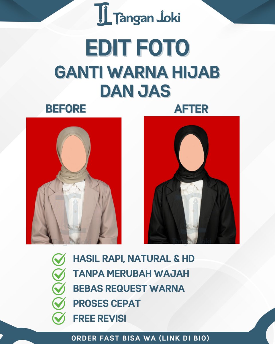 tanganjoki99's tweet photo. JASA EDIT FOTO | GANTI WARNA HIJAB &amp; JAS ✔️
Mau ganti warna hijab atau jas tanpa perlu foto ulang? Bisa banget!🪄
Hasil rapi, natural &amp; HD, tidak merubah wajah asli.
✅ Bebas request warna
✅ Proses cepat 
✅ Free revisi
📩 Order via WA — link ada di bio
#editfoto #zonauang https://t.co/6MZ6btyt7p