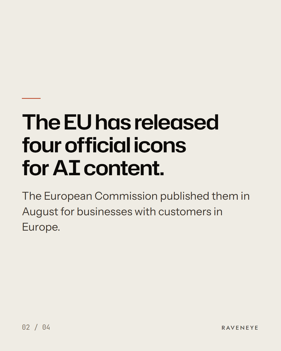 Raveneyeglobal's tweet photo. The EU just made it easier to label AI-made images. They've released official icons for anyone with customers in Europe.

Using the icon is optional. Telling people it's AI is not.

It's a helpful, ready-made way to be clear with your customers.

#aiGeneratedImages https://t.co/ckkrfionCr