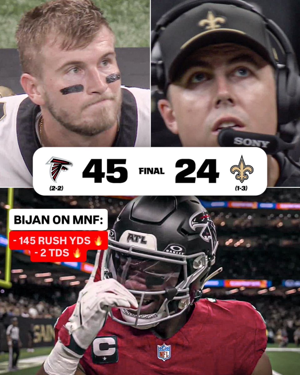 espn's tweet photo. BIJAN AND THE FALCONS STEAMROLL NEW ORLEANS ON MNF 🔥

Another Bijan Robinson masterclass in primetime 👏 https://t.co/0gHFPtLAzb