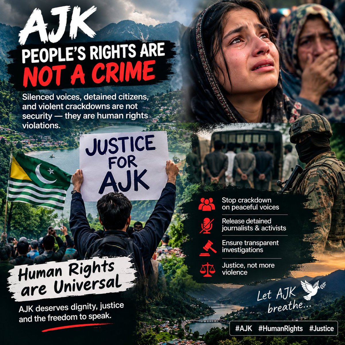 KhanaAmira45869's tweet photo. Human rights are not a privilege—they are a basic right. Any crackdown on peaceful voices, journalists, students, or civilians in AJK must be investigated transparently. Accountability and justice should come before force. #AJK #HumanRights #Justice https://t.co/BUh9kTBWLU