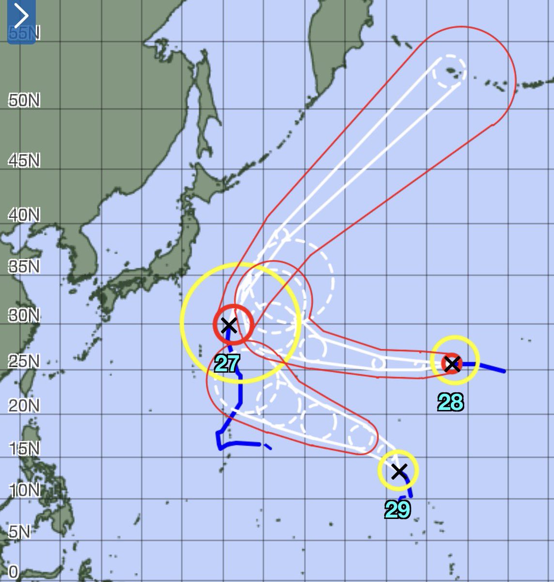 wm_morita's tweet photo. 台風27号・28号・29号
いずれも日本列島の上空の強風に阻まれて北東方向に進む予想です。 https://t.co/WoQlY3kdjq