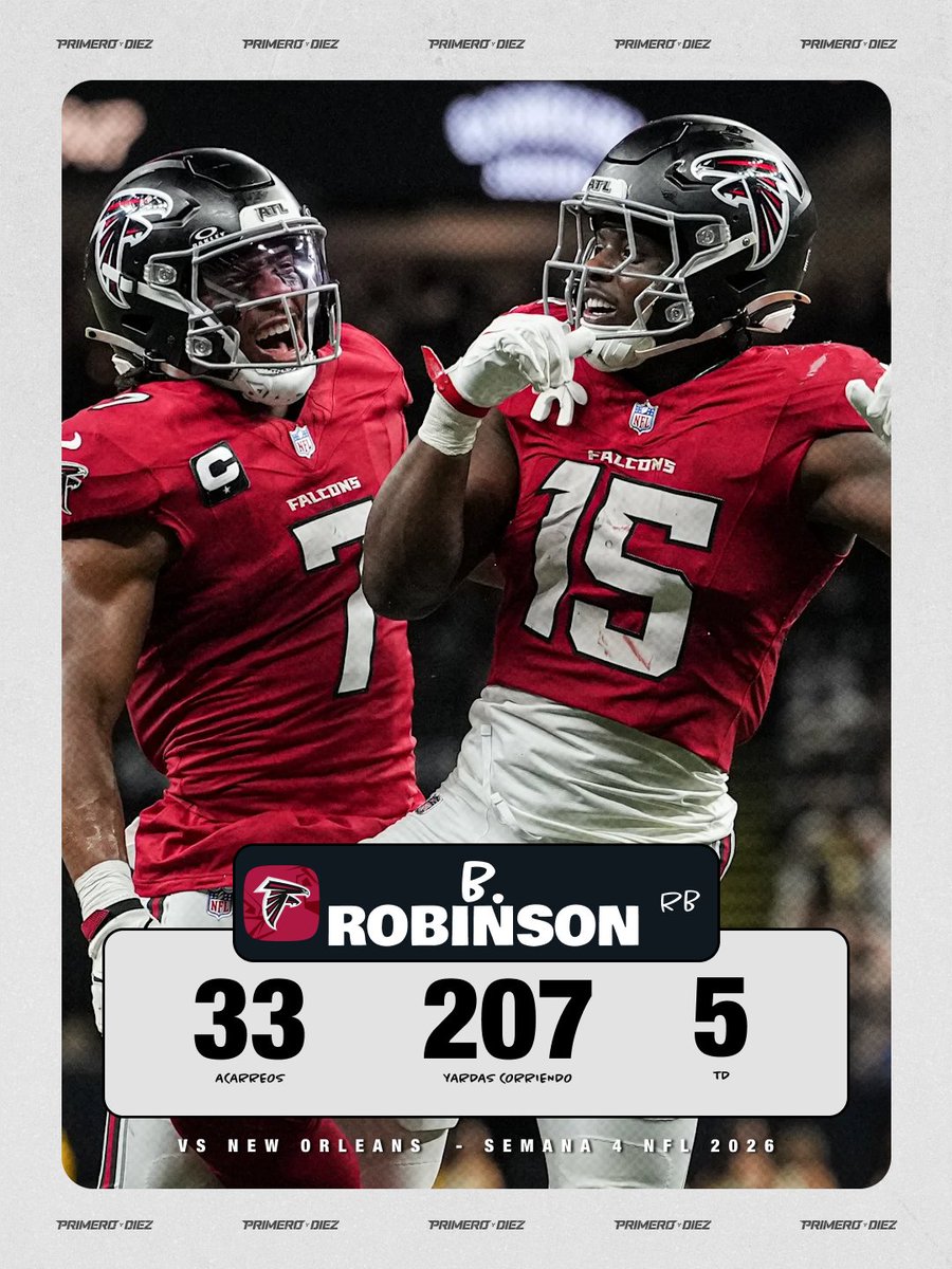 Primeroydiez's tweet photo. ¡LOS B. ROBINSON BRILLARON EN NOLA! ⭐⭐

🔴 Bijan: 19 | 145 | 2
🔴 Brian: 14 | 62 | 3
🔴 Empatan récord de franquicia con 5 rush TD en un partido
🔴 2ª vez que un duo de RB en ATL anotan múltiples TD terrestres https://t.co/hd2e4uJfTI
