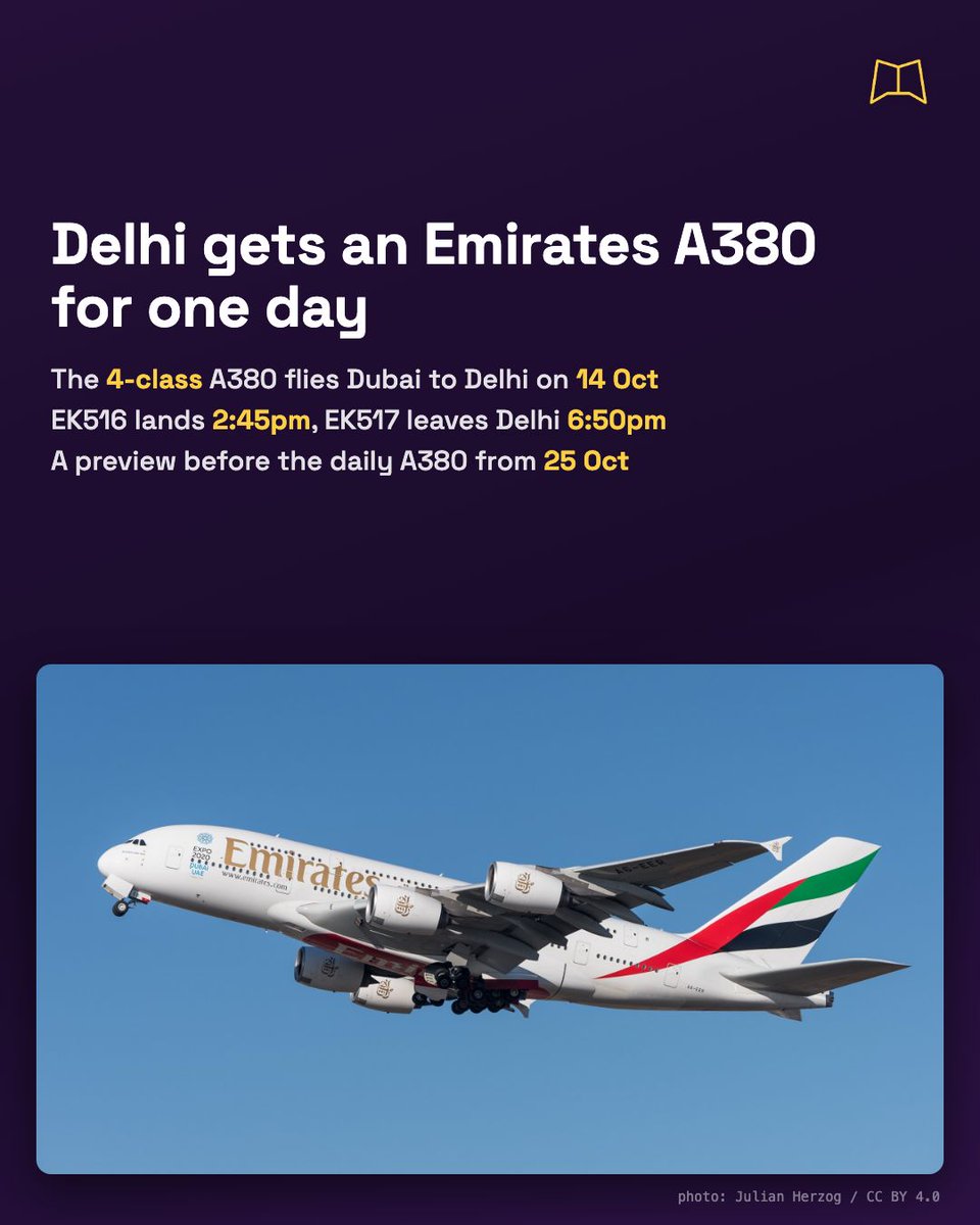 MagnifyClub's tweet photo. Emirates is flying its 4-class A380 from Dubai to Delhi on 14 Oct, landing at 2:45pm and heading back at 6:50pm. It's a one-day preview before the A380 takes over the daily Delhi flight from 25 Oct. https://t.co/h9V8hRmXg5