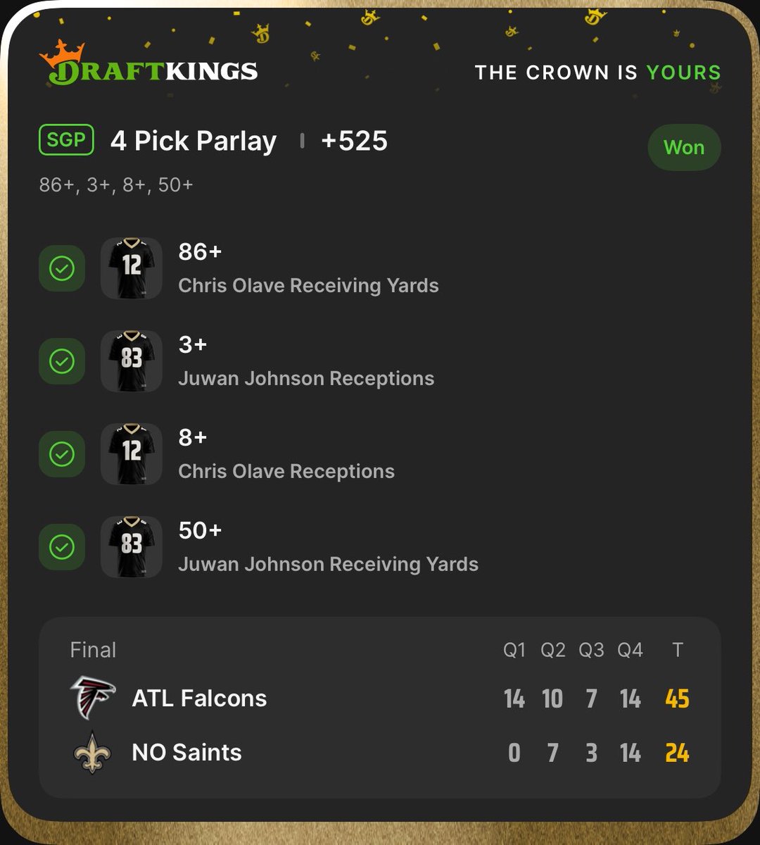 HouseofAbyss's tweet photo. 🏈 Two names, four green checks. Olave &amp; Juwan came through. +525 cashed 🎟️

Who’s earning your trust on the next ticket? https://t.co/t0uT5DSfjx