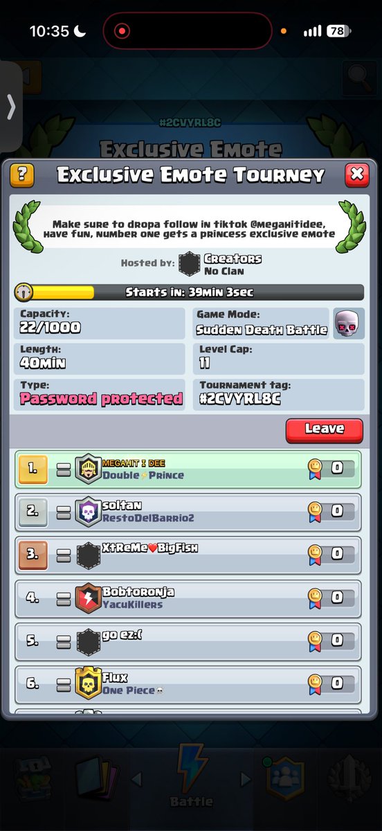 MegaHitIDEE's tweet photo. Another emote tourney live in TikTok for more information 
Password is royale https://t.co/K1XHt7GgvE