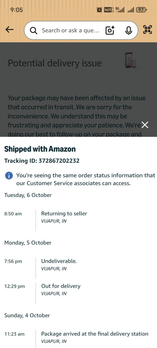 KUNAL0147's tweet photo. @AmazonHelp This is the status today. My package is returning to seller without any valid reason. https://t.co/9fiAKdDRVe