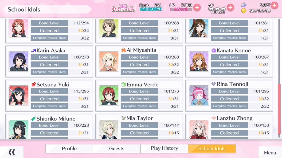 Enderlewd's tweet photo. I'm finally done collecting every single card in the game, now I gotta max them all out and ace all the songs to become the real School Idol Festival All Stars https://t.co/GiOT4vLK94