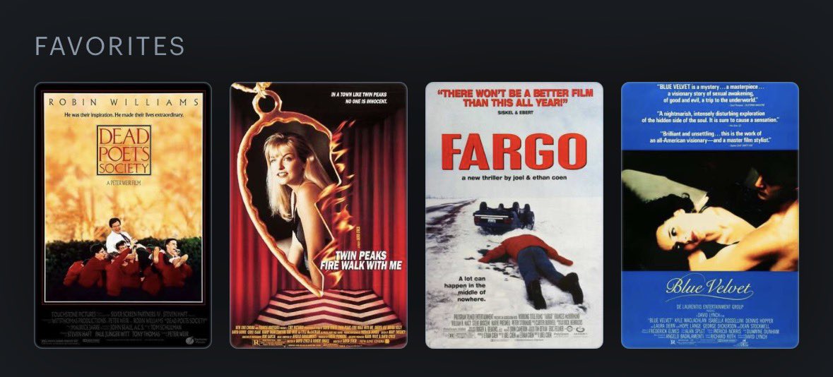 filmbevs's tweet photo. After about a month of thinking about my top 4, i’ve officially made the switch. 

Good Will Hunting ⬇️5

Blue Velvet ⬆️4

#letterboxd https://t.co/5N9pFohzQk