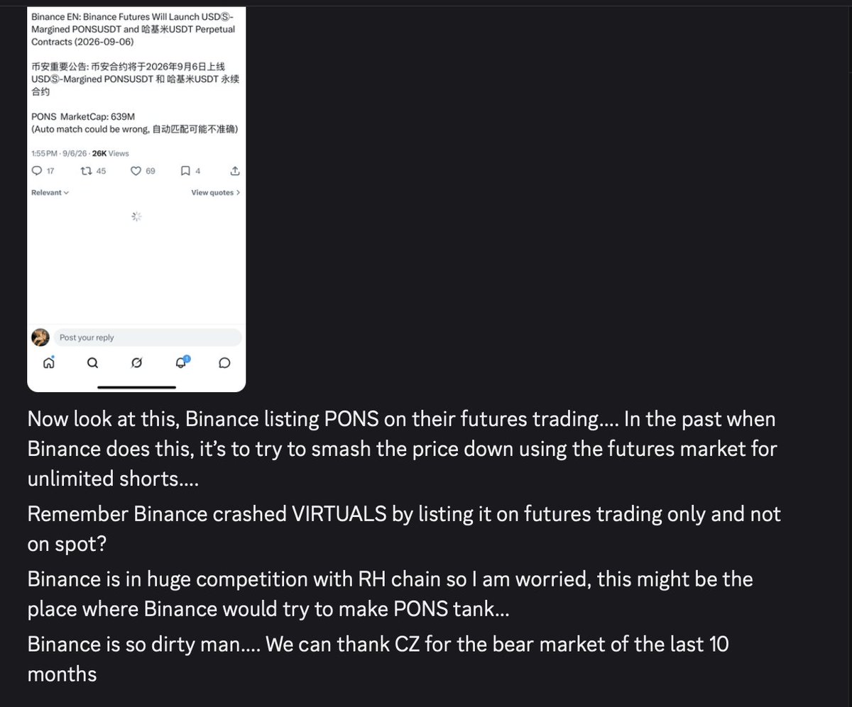 RealPabloHeman's tweet photo. Who could've Called the EXACT day of the top for PONS? I called PONS at 15M for a 50X run, and then on Sept 6th Called PONS major Top!

My Logic was simple: Binance (CZ) has just listed $PONS for futures and NOT for Spot on Sept 6th! That's what they did to VIRTUAL and crashed it last year!!

Because a futures listing means these large exchanges can do an Unlimited Short on PONS or VIRTUAL, and there is no need to ever deliver the coins you "sold short", because it's Perp contracts, NOT deliverable!

But CZ/ Binance does NOT list PONS or VIRTUAL on Spot where its big customer base can Buy it.... I said all this in my Discord and in my videos as well.

And the motive was clear enough, I said that Robinhood being the largest stockbroker (retail) is trying to break into Crypto with the RH chain. Whilst Binance tries to get into Tokenized Stocks!

They are two industry giants trying to eat each other's lunch! So of course Binance would try to crash the Robinhood chain party and dump on PONS.

But I do think with all the fees and burns on PONS, it finds a bottom here in mid- low 30s. That has been my call for a bottom all along, and it is also the key Fibonacci level as well.

You are welcome.