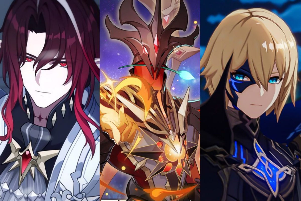 GenshinUniverse's tweet photo. 7.X CHARACTER DESIGNS

Dainsleif
Tall male characterized by blue, gold, and gray hues.

Enjou
Medium-height male with pink hair and yellow eyes, utilizing a color scheme of white, black, gold, gray, and bordeaux red.

Princess
Tall female with exposed skin, incorporating a color palette of silver, blue, purple, black, and gold.

Noy
Tall male with red and dark red hair, featuring a color palette of silver, red, gray, black, and gold.

Via Touko & Sakiko (STC)

#GenshinImpact