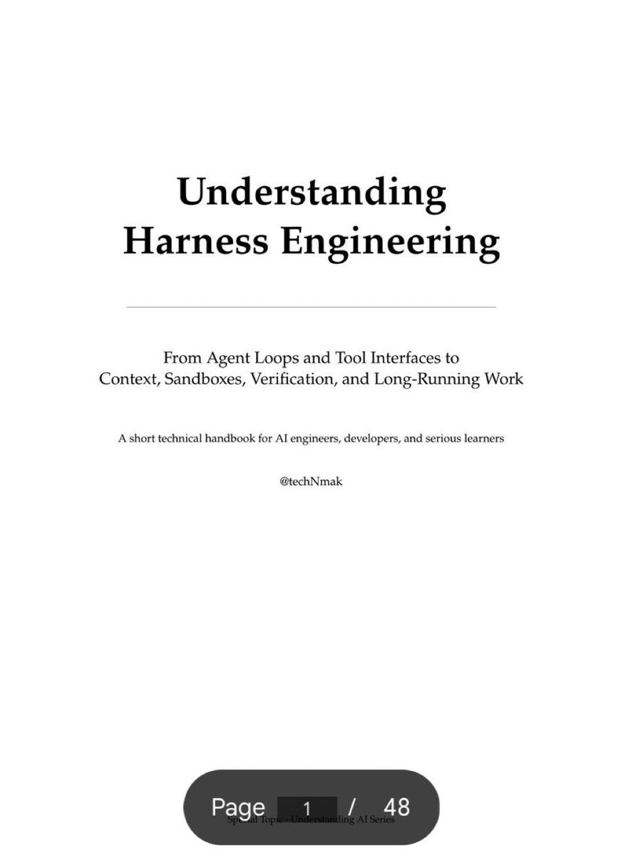 Cover page for the Understanding Harness Engineering handbook naming loops, tool interfaces, context, sandboxes, verification, and long-running work