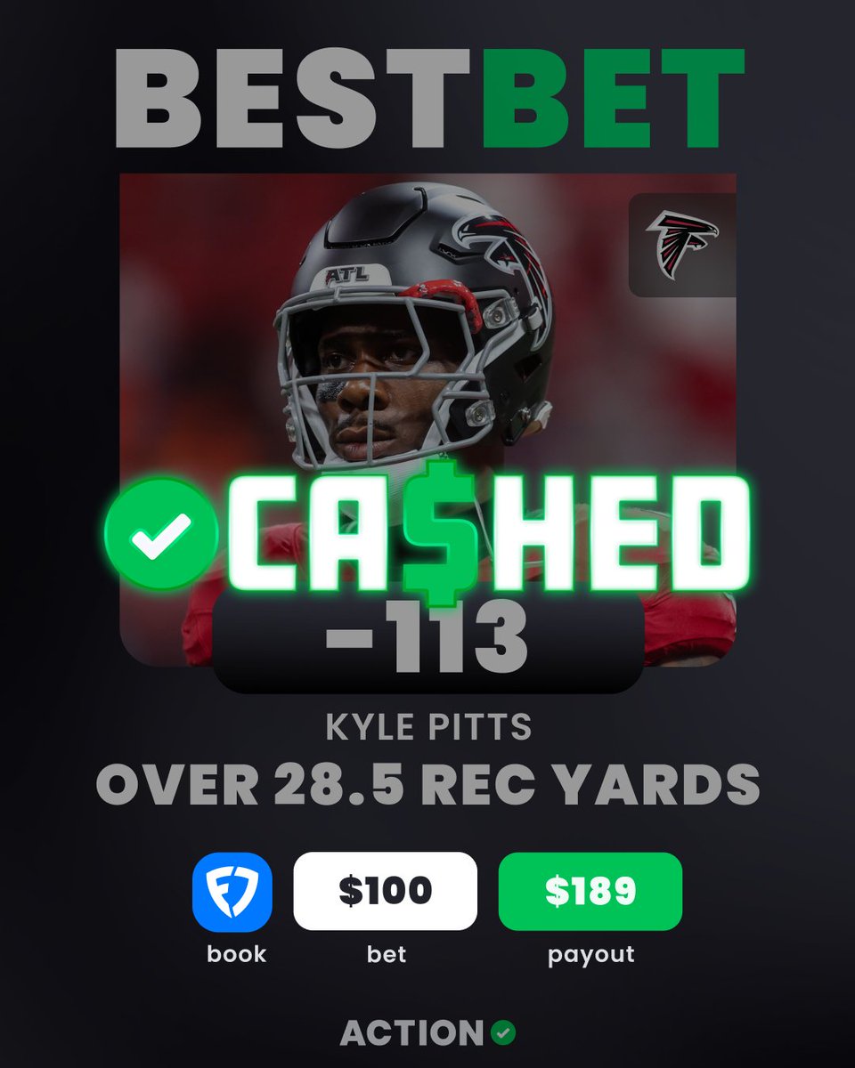 ActionNetworkHQ's tweet photo. ✅ KYLE PITTS OVER 28.5 RECEIVING YARDS

47 yards cashes @FarleyWrites' best bet!! https://t.co/ajlCTQsRC3
