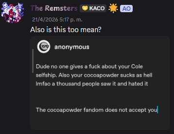 M88262004's tweet photo. @Mizuartz Coming back to this and because even back then i found this pathetic.

Take these screenshots i took before leaving that server of RennGote going out of their way to anonymously attack someone over making a selfship with Cole from Deltarune Yellow https://t.co/EKfTja5FyR