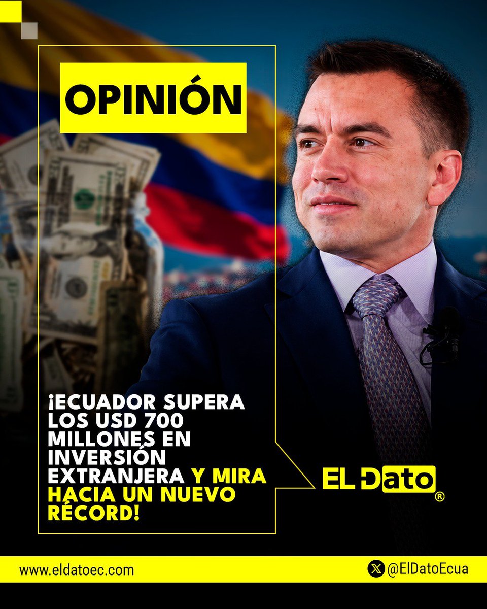 ElDatoNews's tweet photo. #Opinión ¡ECUADOR SUPERA LOS USD 700 MILLONES EN INVERSIÓN EXTRANJERA Y MIRA HACIA UN NUEVO RÉCORD!

Ecuador registra un fuerte repunte en la inversión extranjera directa. Durante el primer semestre de 2026, el país superó los USD 700 millones, una cifra que el presidente Daniel Noboa atribuye a una mayor confianza de los inversionistas en el rumbo económico del Ecuador.

En entrevista con Radio Centro, el mandatario aseguró que el segundo semestre podría ser aún más dinámico, especialmente por inversiones vinculadas a sectores estratégicos como minería, petróleo y energía.

Noboa también destacó que el sector industrial registra crecimiento en ventas y producción, señalando que estos resultados reflejan que empresas nacionales y extranjeras “están creyendo en el Ecuador”.

El Gobierno espera que durante las próximas semanas se anuncien nuevas inversiones de grupos internacionales y que 2026 pueda convertirse en un año récord en materia de inversión extranjera.

El desafío, sin embargo, será convertir estos capitales en empleo, producción, ingresos y oportunidades para los ecuatorianos. La llegada de inversión es una señal relevante, pero su verdadero impacto deberá medirse por los resultados que genere en la economía real.

Si la tendencia se mantiene, Ecuador podría cerrar el año con un escenario económico distinto al registrado en períodos anteriores. La confianza se construye con resultados y, ahora, el reto será consolidar este impulso.

#ElDato #Ecuador #DanielNoboa #InversiónExtranjera