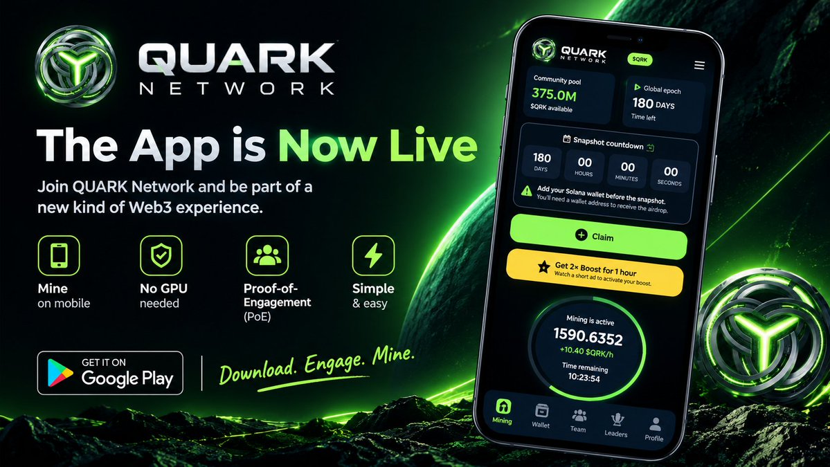 quarknetworkapp's tweet photo. Why join QUARK early? 👀⚡

In a 180-day mining lifecycle, timing matters.

The earlier you start participating, the more time you have to build your rewards through QUARK’s Proof-of-Engagement system.

⏳ Don’t wait until the cycle is almost over.
Start early. Engage. Mine. Grow https://t.co/sN7QC2kH3r