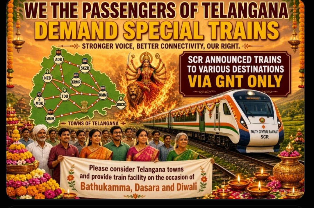 TGRailusers's tweet photo. Day 8 | Festival Rail Connectivity for Telangana 🚆
Day 8 of our appeal to @SCRailwayIndia
@drmsecunderabad
@gmscrailway
@SrDCMSC
@srdom_sc
@drmhyb
@AshwiniVaishnaw
@RailMinIndia
@PMOIndia
@RailMadad
Dussehra & Bathukamma are among Telangana’s biggest festivals. With government holidays announced, lakhs of people will travel to their hometowns and native districts.
SCR is rightly informing passengers about berth availability in special trains. But the bigger question is: are the right routes being covered?
Long-distance connectivity towards UP & Bihar has been addressed, and several services towards GNT, BZA and other AP destinations are being covered. However, the core Telangana regional routes, where festival travel demand is significant, continue to need attention:
🚆 Secunderabad – Kazipet – Sirpur
🚆 Secunderabad – Dornakal – Bhadrachalam Road
🚆 Secunderabad – Vikarabad – Tandur – Wadi
🚆 Secunderabad – Mahbubnagar – Kurnool
The existing Intercity service towards Sirpur is already heavily booked during festival days. That itself is a strong indication of the demand.
So, when SCR asks passengers to make use of available berths in special trains, why not operate additional trains on routes where the demand is already clearly visible?
Dussehra & Bathukamma travel demand is predictable. RTC is preparing additional buses, even with the possibility of higher fares. Railways can similarly consider Jansadharan / Intercity / TOD services on these routes and use this festival season to test patronage.
తెలంగాణ పండుగలకు తెలంగాణ ప్రాంతీయ రైళ్లు కూడా అవసరం.
We request @SCRailwayIndia to consider this feedback seriously and announce additional regional services connecting Telangana’s major towns and districts during the Dussehra/Bathukamma season.
Long-distance connectivity is important. But festivals are also about people travelling back home. Give Telangana’s regional passengers the same consideration. 🙏
— Voice of Telangana Railway Users
#Dussehra #Bathukamma #Telangana #SCR #Railways #TelanganaRailway
#TOD
#SpecialTrains
#FestivalTrains