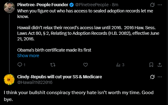 PinetreePeople's tweet photo. @Hawaii11022016 @TheMaineWonk She thinks Hawaii State Law is a conspiracy theory!
She thinks Obama's birth certificate appearing in '08 is a conspiracy theory!
This is where we're at ladies and gentlemen.
Illiteracy is the greatest threat to American culture. https://t.co/fSLn7qYXgF