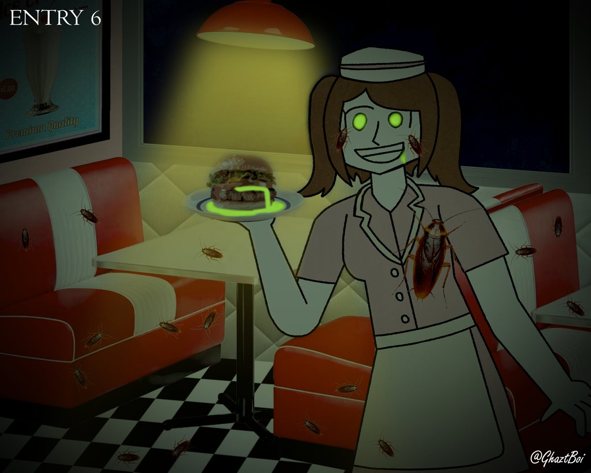 DeadmansJourna1's tweet photo. Entry 6 2026
Guests have noticed that Ashley has been acting very weird for a waitress working at Campbell's Dine-In, especially around the graveyard shift. It doesn't help that the diner has a bit of a roach problem. Nobody is comfortable around those pests... except for Ashley. https://t.co/WyyNjJM9e9