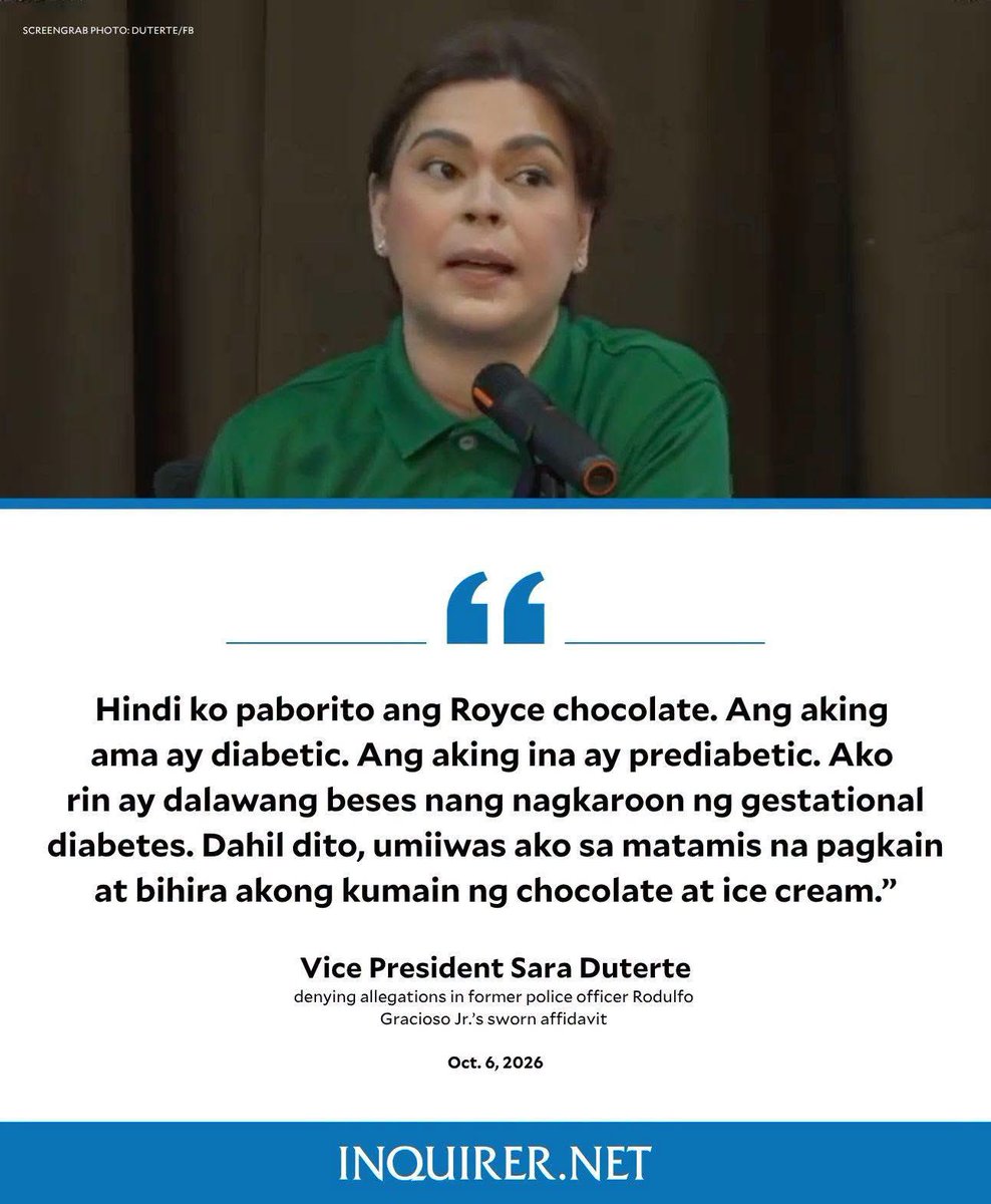 jesusfalcis's tweet photo. 🚨 BP Sara Duterte: “Hindi ko paborito ang Royce chocolate. Umiiwas ako sa matamis na pagkain.”

⚠️ So bakit ka nag promote ng Cale88 banana chips at Pikimong coconut chips nuon?

Alam ko na ang paborito mo: Mary Grace and Piattos tama ba?

😂

#SaraLabandera https://t.co/X4PyOeFDsf