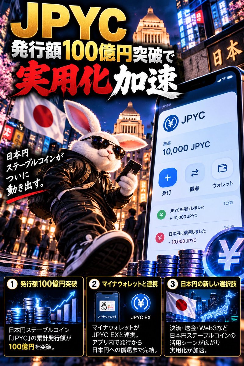 CryptoRabi888's tweet photo. 🚨 JPYC、100億円突破。

しかも今、Xでも話題になってる。

日本円ステーブルコイン
「JPYC」の累計発行額が100億円を突破。

でも本当に気になるのはここ。

今日からマイナウォレットが
JPYC EXと連携。

アプリ内で

・JPYCを発行
・日本円へ償還
・一連の操作を完結

できるようになった。

つまり、

「ステーブルコインを作る」
↓
「発行額を増やす」
↓
「実際に使える場所を増やす」

この段階に入ってきてる。

日本円ステーブルコインって
本当に普及すると思う？

それともまだ早い？

#JPYC #ステーブルコイン #暗号資産