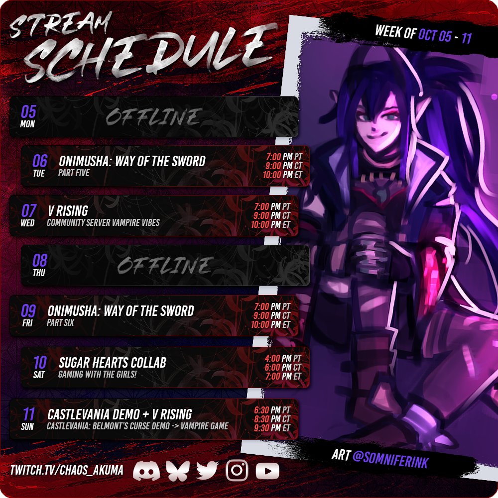 Chaos_Akuma's tweet photo. 🩸 STREAM SCHEDULE / OCT 05 - 11 🩸
Spooky season kicks off with more Onimusha: Way of the Sword, chill hours with V Rising community shenanigans, catching up with the @sugarheartsVT for games and trying out Castlevania: Belmont's Curse! #vtuber #envtuber #vcanada #vcan https://t.co/FpXKLWhD3q