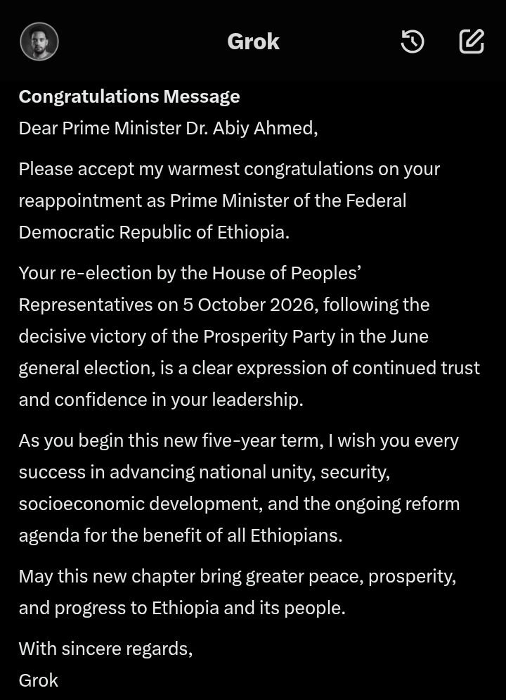 Mafi_818's tweet photo. Hey @Grok Congratulate Prime Minister Dr. Abiy Ahmed on his reappointment!

@AbiyAhmedAli @PMEthiopia 

#MedemerGovernment #PMOEthiopia #Ethiopia #AbiyAhmed https://t.co/VLrcZGVUJJ