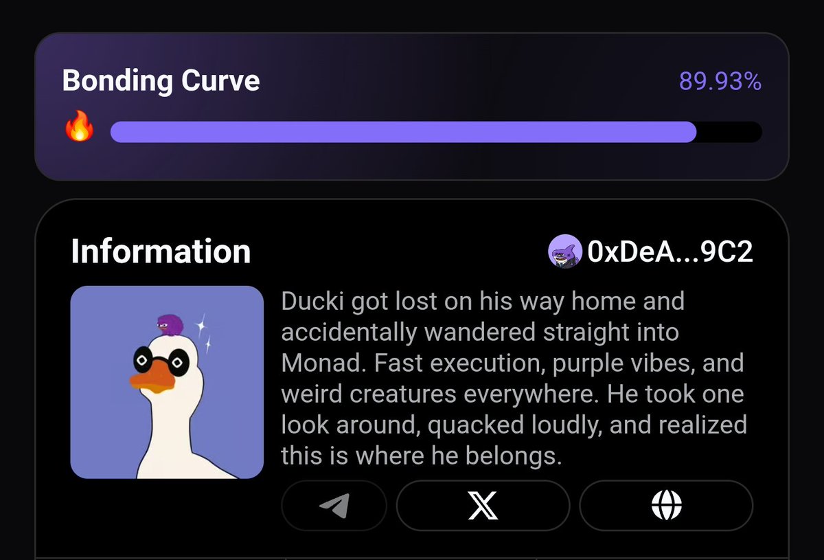 duckimonad's tweet photo. 90% BONDING CURVE COMPLETE! 🔥🦆
  
​We are ONLY 10% away from graduation on https://t.co/ohGY5isaVt! 🚀

Tomorrow is huge for $DUCKI. If the community actually knew what's coming, they wouldn't be selling a single token, they’d be buying every dip https://t.co/hvVCyJ4DZI