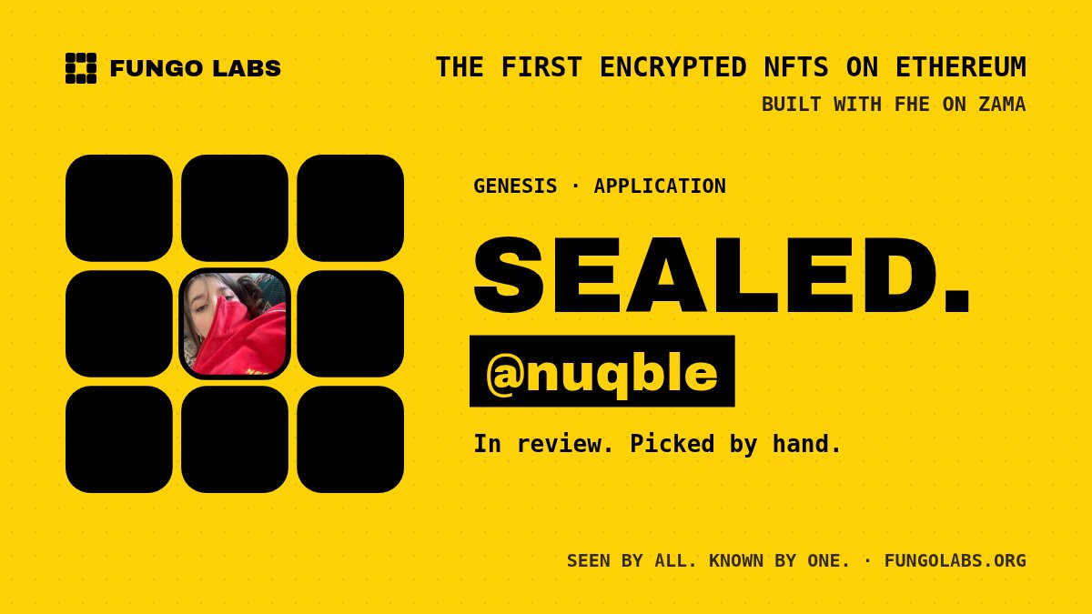 nuqble's tweet photo. Confidential metadata and private state on Ethereum. Application sealed.

@FungoLabs https://t.co/wcxmvMcb2E
