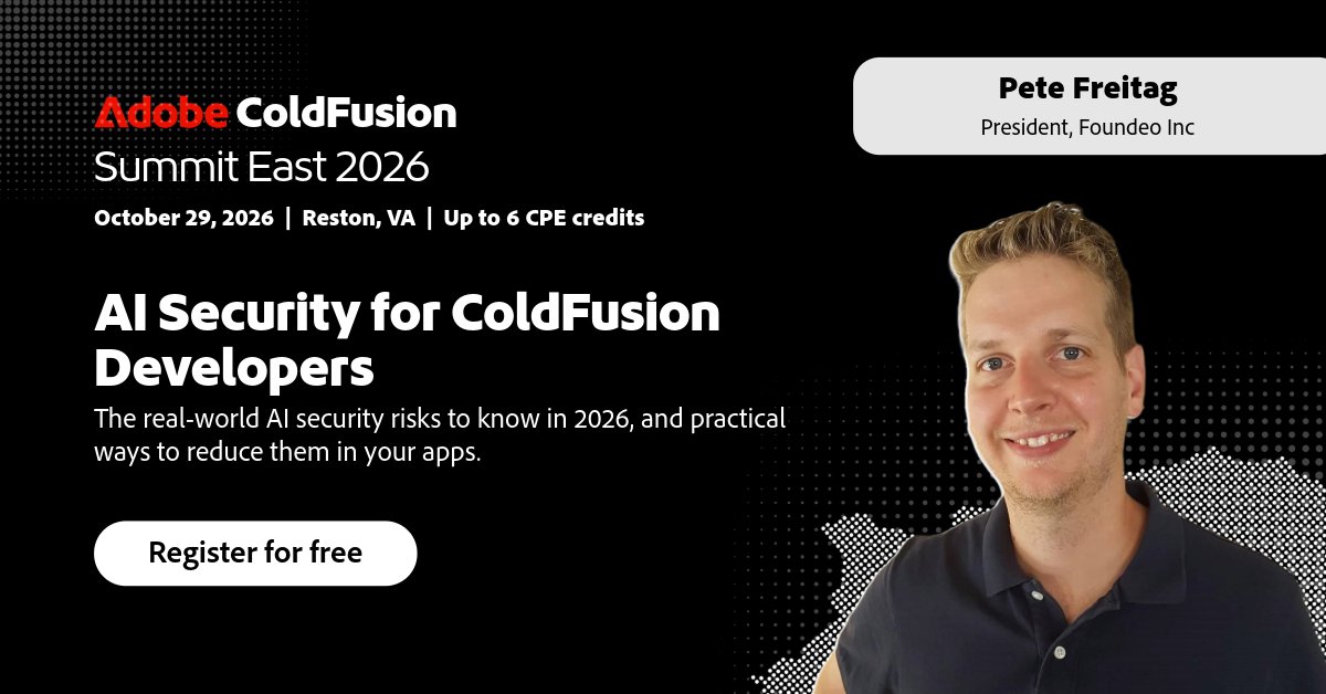 coldfusion's tweet photo. AI speeds you up and opens new attack surface. Pete Freitag covers the AI security risks ColdFusion devs face in 2026, and how to defend against them. Free at Summit East, Oct 29 Reston VA.

🔗Register: https://t.co/xuV2WHgwz4

#ColdFusion #AISecurity #CyberSecurity #AppSec https://t.co/iQrfCyyWeG