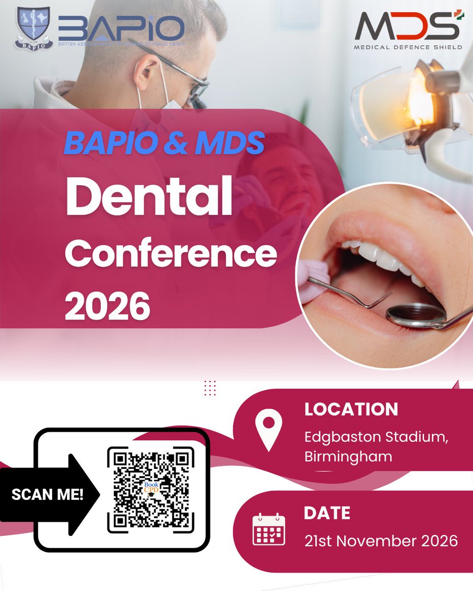 BAPIOUK's tweet photo. REGISTER NOW - BAPIO - MDS Dental Conference 2026
Edgbaston Stadium, Birmingham, B5 7QU 
Register now: ds-dental-conference-2026-birmingham#/checkout 
#DentalConference2026 #HealthcareLeadership #IMGCommunity #NHS #MedicalEducation #CPD #CareerGrowth #Research #Networking https://t.co/t1JriJbVGk