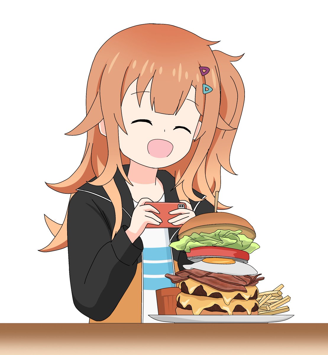 KCCmagpii's tweet photo. 聖地巡礼ノート用のイラストを寄贈させていただきました。
ファットボーイバーガーにテンションを上げて写真を撮るおしんこです！ https://t.co/yXpjNHOFiD