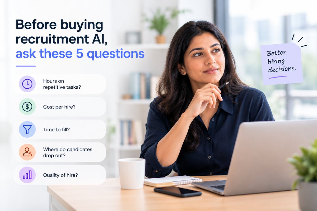 AppliView's tweet photo. Thinking about recruitment AI? Ask these 5 questions first:

How much time, money &amp; manual work are you spending today?

The best AI investment should unlock measurable efficiency—not just add another tool. Ready to evaluate your workflow? 
#RecruitmentAI #HRTech #AIinHR https://t.co/oAiAg1k338