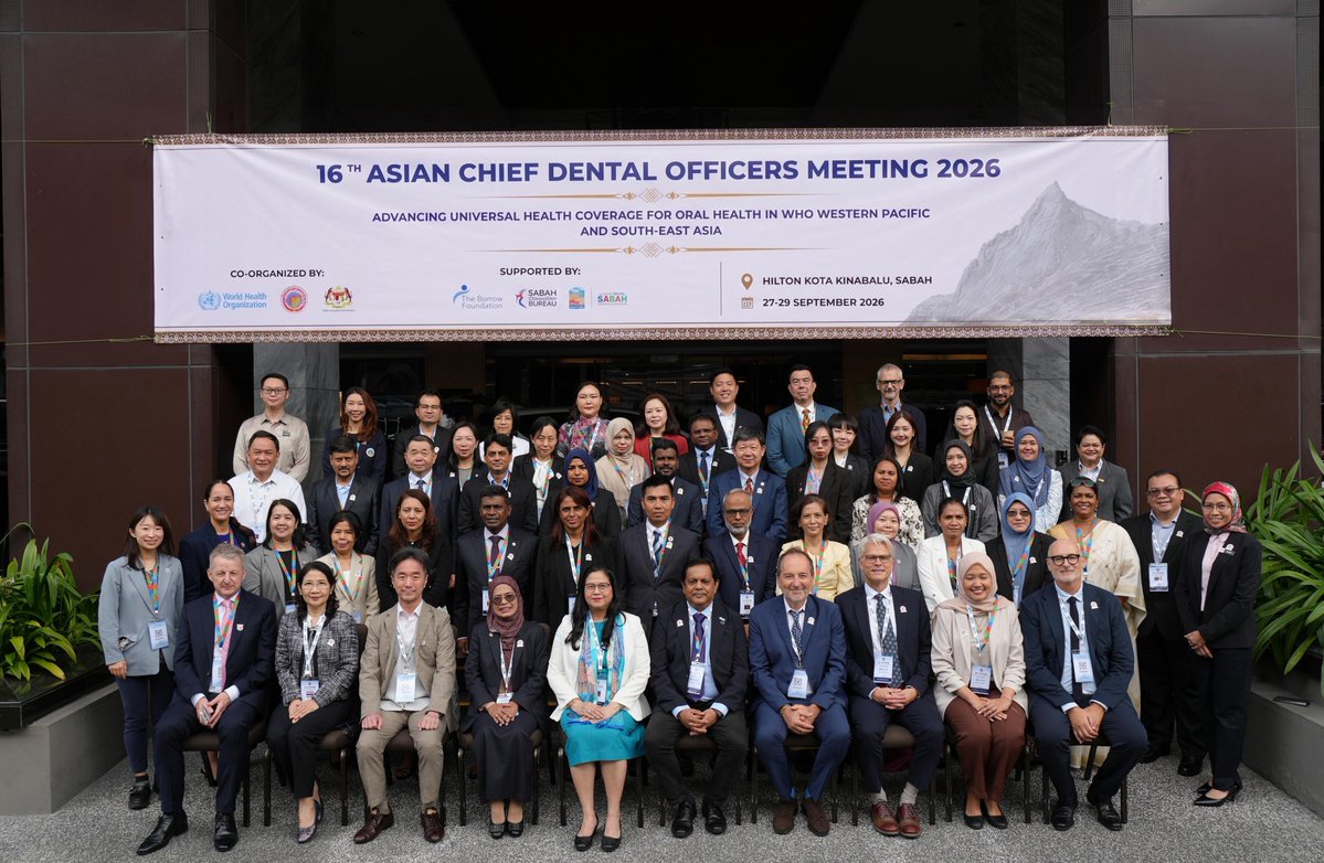 WHOWPRO's tweet photo. Twenty countries and areas across the Western Pacific and South-East Asia are accelerating action to expand access to essential oral health care.

At the 16th Asian Chief Dental Officers Meeting in Kota Kinabalu, Malaysia, countries reached the midpoint of the 100-Day Sprint — refining essential oral health benefit packages, addressing implementation bottlenecks and advancing practical solutions to integrate oral health into universal health coverage.

Read the press release here: https://t.co/ddsJFRV6ME