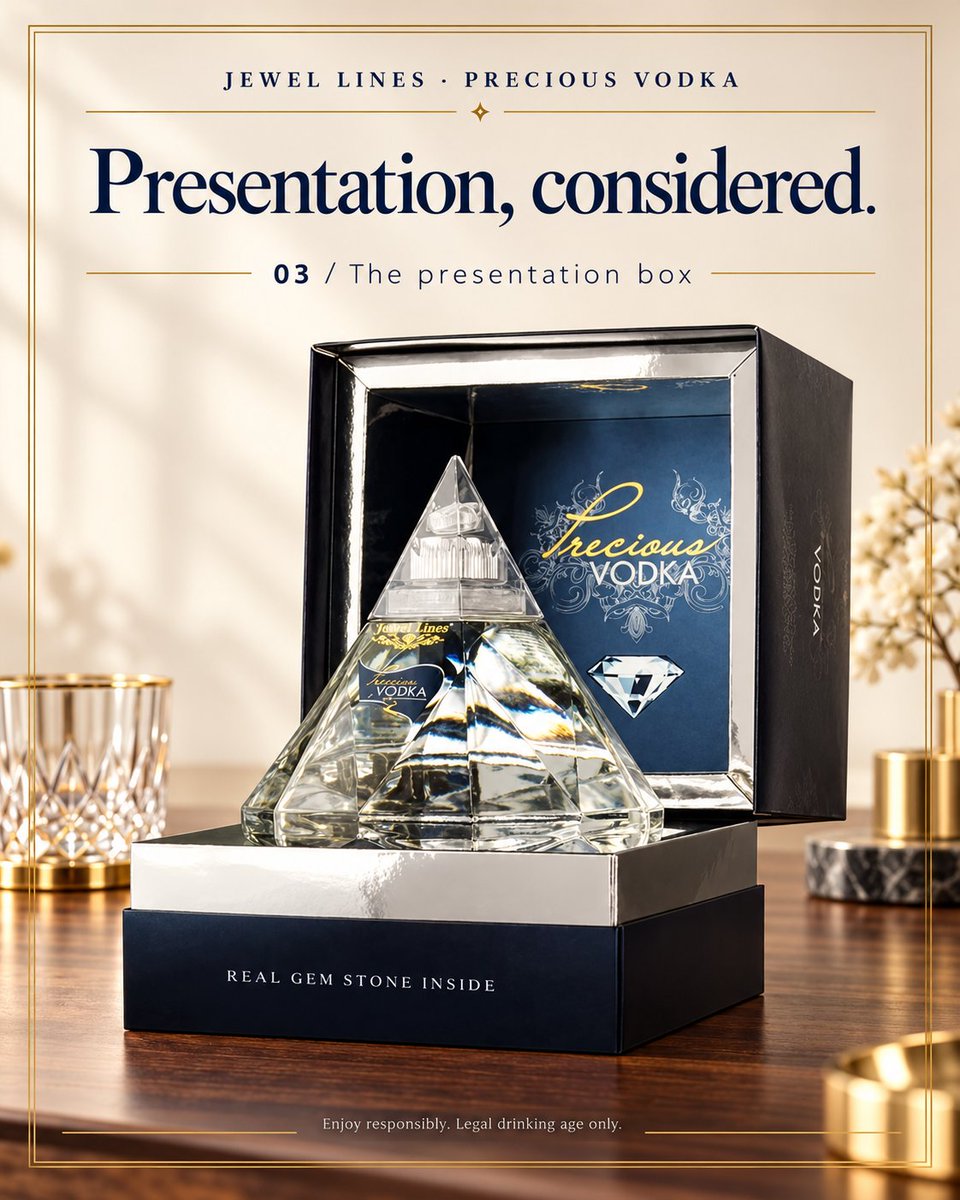 WitoldWpopiel's tweet photo. Meet Precious in three details.

The diamond-shaped bottle.
The transparent, pointed cap revealing the gemstone capsule.
The presentation box.
A closer look at Jewel Lines Precious Vodka, from silhouette to presentation.
Explore the details across the images.

#JewelLines #PreciousVodka #BottleDesign

Enjoy responsibly. Legal drinking age only.
